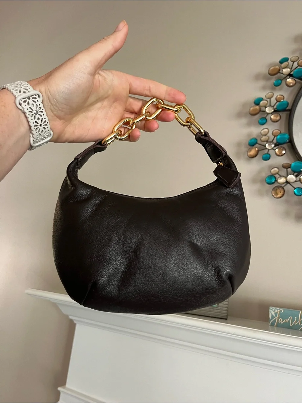 Madewell Women's Micro Gold Chain Handle Leather Hobo Bag Brown Leather Purse